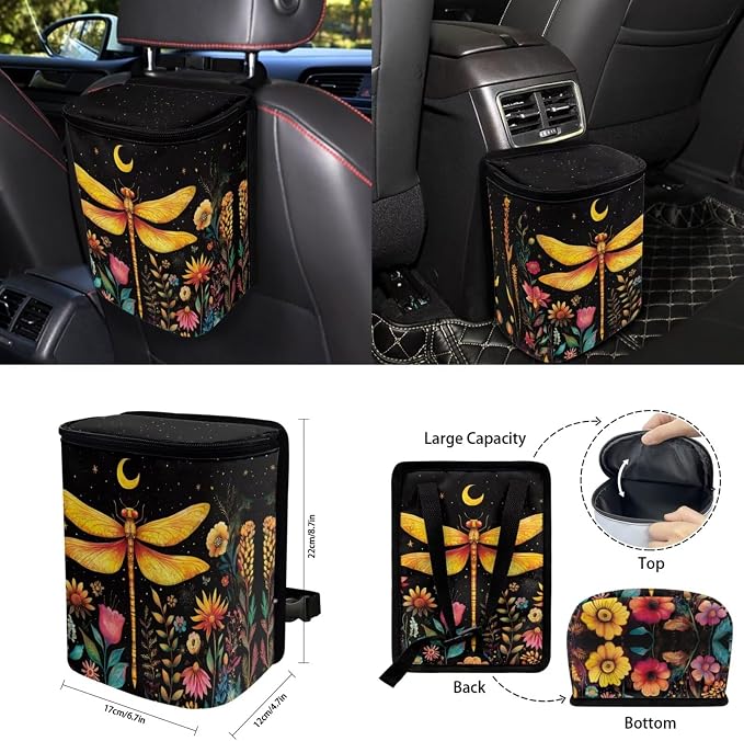 Moon Floral Dragonfly 15Pcs Car Seat Cover Full Set Car Steering Wheel Cover Seat Belt Cover Trash Bin Front Rear View Mirror Car Cup Holder Keychain