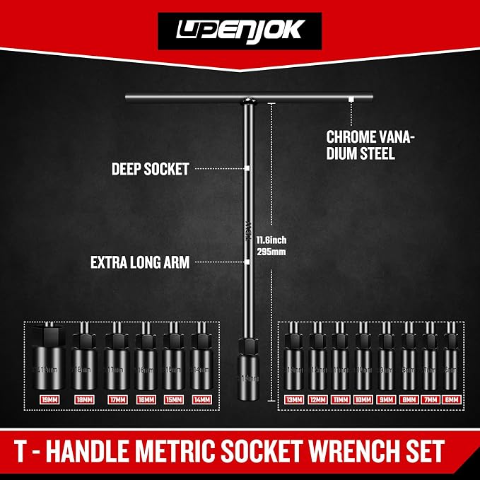 T-Handle Socket Wrench Set, 14-Piece Metric Handle Wrenches -6, 7, 8, 9, 10, 11, 12, 13, 14, 15, 16, 17, 18, 19mm, CR-V Steel, 6-Point Socket handles for Motorcycle Car Bicycle Repairing