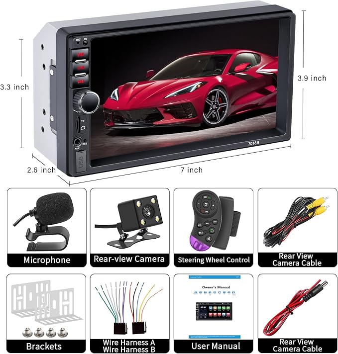 Double Din Car Stereo,7 Inch Car Radio with HD Touch Screen Bluetooth Car Stereo,Bluetooth Hands-Free Calling,Mirror Link,AUX/EQ/SWC