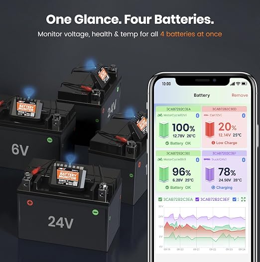 ANCEL BM300 Pro Battery Monitor - 6V/12V/24V Universal with Bluetooth 5.3 & Reinforced Design, Charging & Cranking Tests, Real-Time Alerts for Lead-Acid & Lithium Batteries in RV, Truck, Marine & More