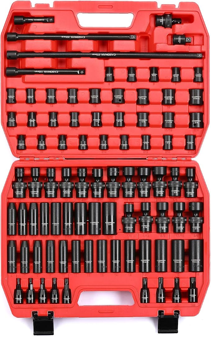 CASOMAN 87PCS 3/8" Drive Master Impact Socket Set, SAE & Metric Standard, Deep, Swivel Sockets,Cr-MO Steel, Includes Star and Inverted Star Socket, Impact Universal Joint, Extension Bars