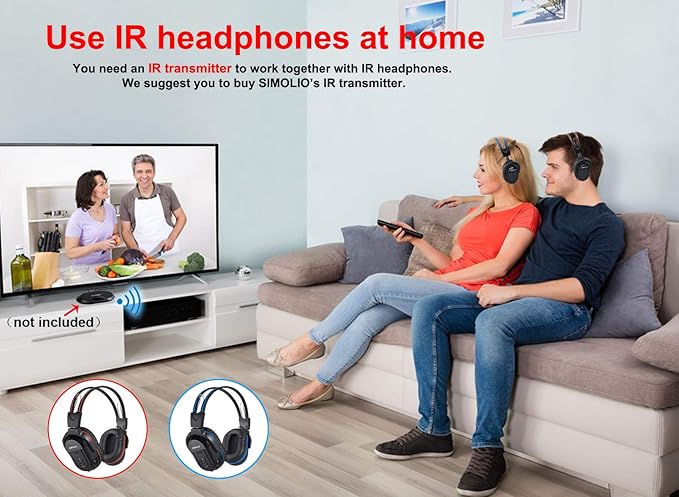 SIMOLIO 2 Pack IR Wireless Headphones for in Car TV Video Audio Listening, Not Bluetooth, 2 Channel Car DVD Headphones for Kids, Universal Infrared Headsets for Headrest Video System, AUX Cord