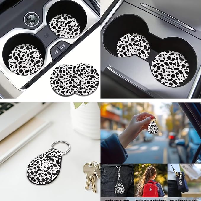 Cow Print 12 Pcs Car Seat Cover Set with Auto Steering Wheel Cover Armrest Cushion Cup Coasters Protector Seat Belt Covers,Automotive Interior Sets Universal Fit Most Cars SUV