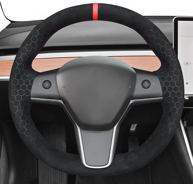 MEWANT Hand Stitch Steering Wheel Cover for Tesla Model Y Model 3 2023 Made of Black Smooth Hexagon Embossed Athsuede
