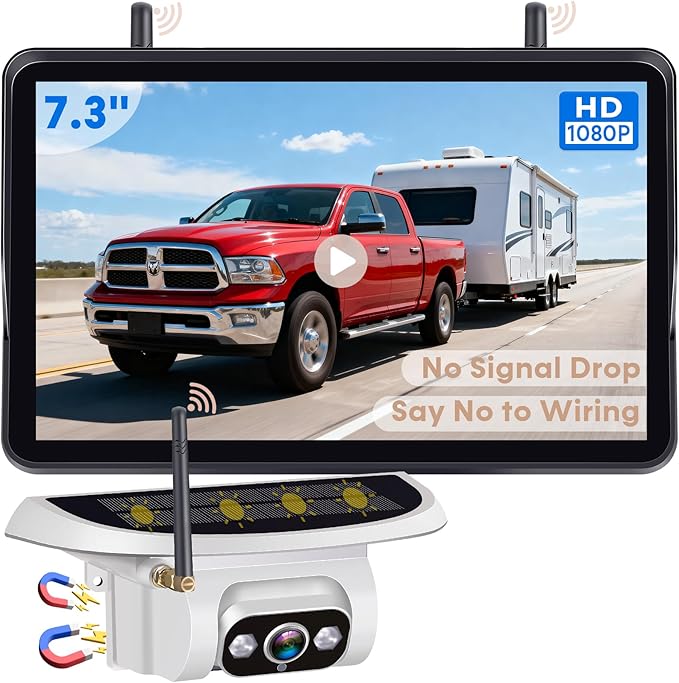 Pemacom Wireless Backup Camera for Towable-RV: 1-Second Magnetic No Wiring Long Distance Signal for Thor/Forest River Series RVs - 7.3" Recording Monitor HD 1080P Auto Sleep Solar RV Backup Camera