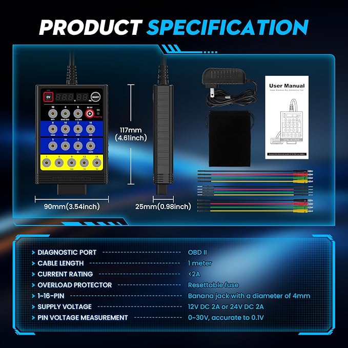TRISCO Super OBD2 Breakout Box – 16-Pin Automotive Diagnostic Tool with Voltage Display, ECU Programming Support, CAN/K-LINE Protocol Detection