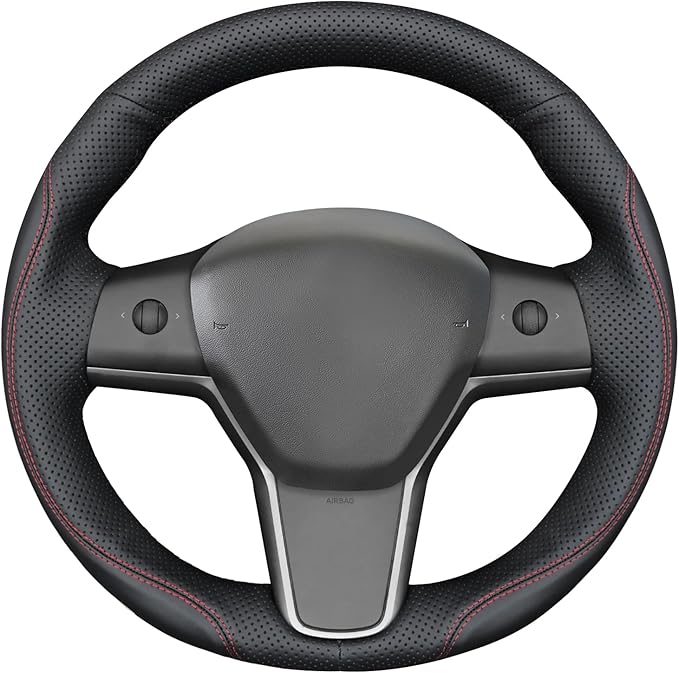 MEWANT Hand Stitch Black Faux Leather Steering Wheel Cover for Tesla Model Y 2023 Tesla Model 3 2023 DIY Steering Wrap