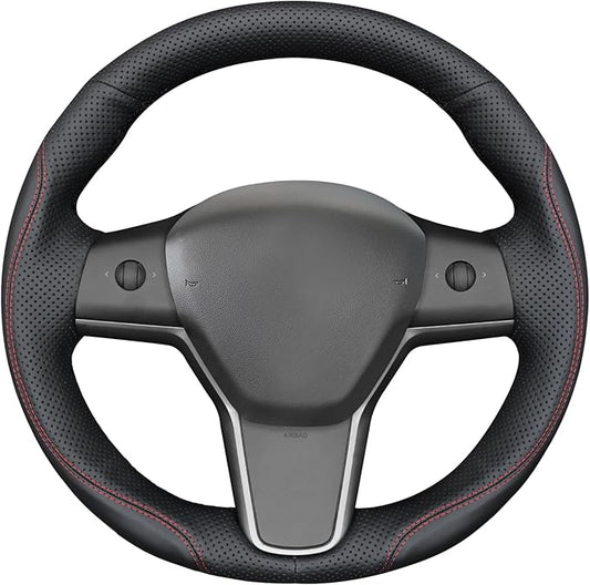 MEWANT Hand Stitch Black Faux Leather Steering Wheel Cover for Tesla Model Y 2023 Tesla Model 3 2023 DIY Steering Wrap