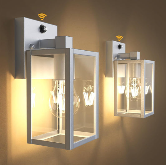 PARTPHONER Dusk to Dawn Outdoor Light Fixtures, 2-Pack Sensor Porch Lights, Waterproof Exterior Wall Sconce Lighting Lamp, Waterproof Wall Lantern for House, Doorway, Garage (Silver)