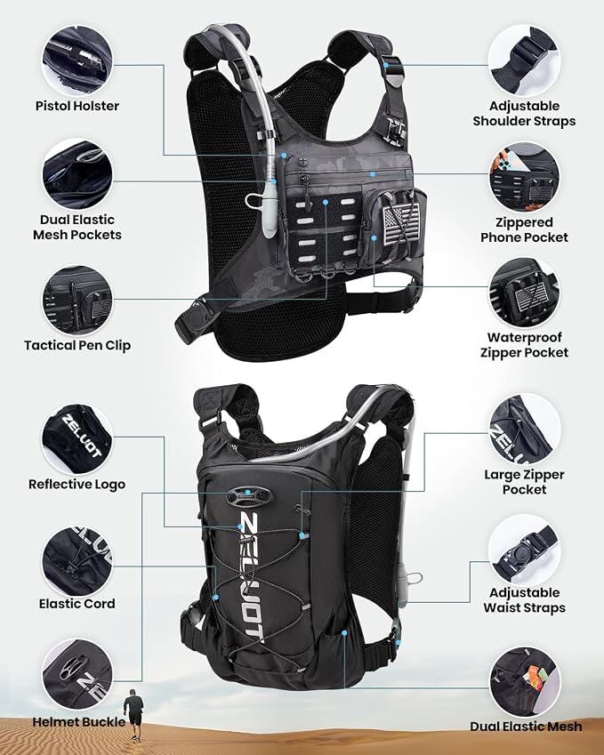 Zelvot Running Vest with 2L Water Bladder, Hydration Backpack, U.S. Design Patent, Lightweight Hydration Pack with Gear Holder, Reflective Chest Pack for Men Women