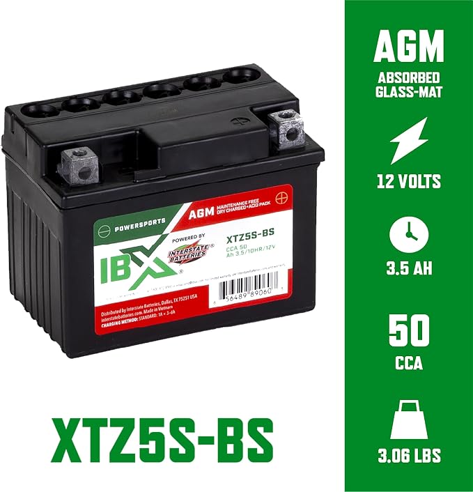 Interstate Batteries YTZ5S-BS 12V 3.5Ah Powersports Battery 50CCA AGM Rechargeable Replacement for BRP, Honda, KTM Dirt Bikes, Motorcycles, ATVs, Scooters (XTZ5S-BS)