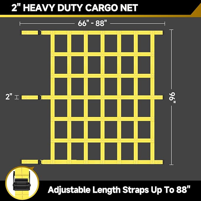 Onesnt E-Track Adjustable 2” Heavy Duty Cargo Net for X-Track & E-Track Systems | 96” L x 68-84” W—4,500lb Break Strength