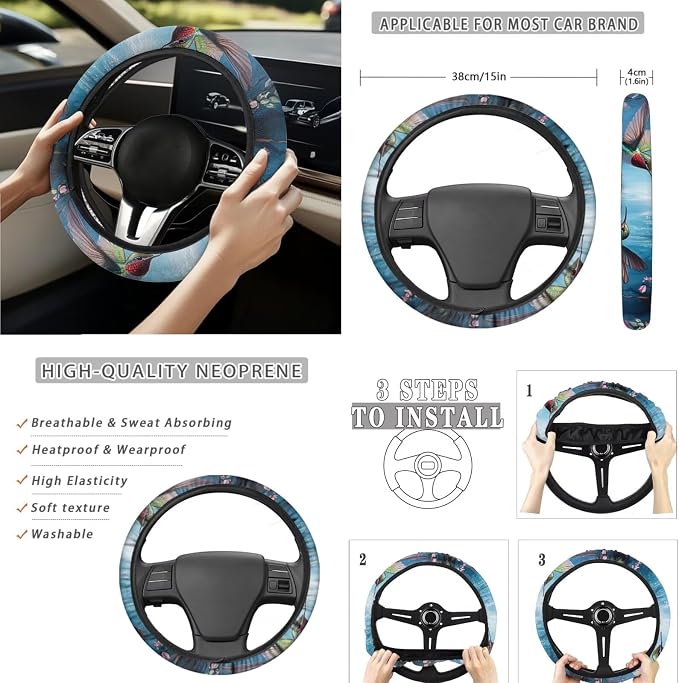 15 Pcs Blue Hummingbird Floral Car Seat Cover Full Set for Women with Car Steering Wheel Cover Seat Belt Cover Trash Bin Front Rear View Mirror Car Cup Holder Keychain