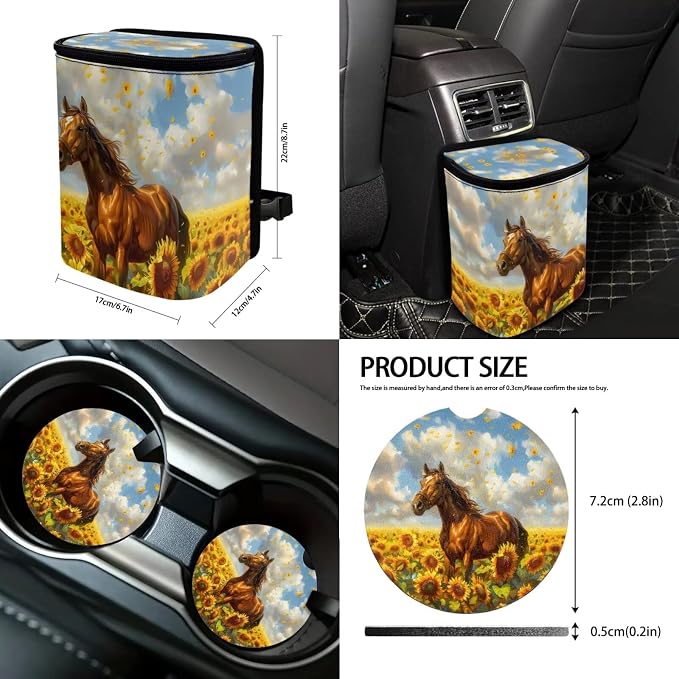 Suobstales Horse Sunflower Print 13 Pack Car Seat Covers Set Seat Cover Protector with Steering Wheel Cover + Seat Belt Covers + Car Trash Can + Rearview Mirror Cover + Coasters + Keychains