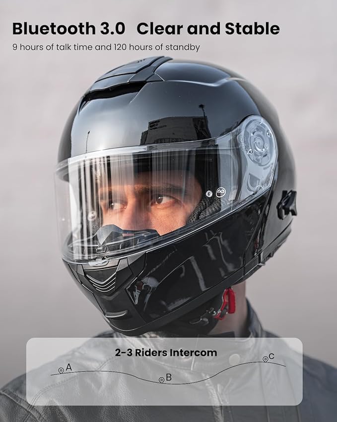 ILM Bluetooth Motorcycle Modular Helmet 2-3 Riders Intercom Flip up Full Face Helmet with Dual Visor DOT Model 159BT (GlossBlack, M)