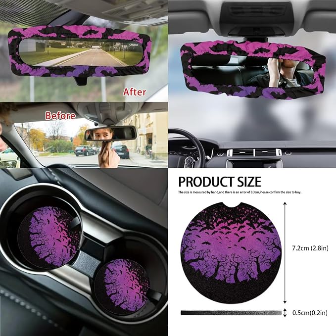 Car Seat Covers Front and Back Full Set with Steering Wheel Cover Armrest Cushion Safety Belt Pads Inside Rearview Mirror Cover Gear Shift Lever + Handbrake Protectors, Purple