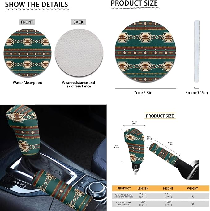 Dreaweet Navajo Seat Covers for Cars Trucks SUV,Green Southwestern Native American Seat Covers with Steering Wheel Cover,Seatbelt Cover,Armrest Pad,Cup Holder,Gear Shift Knob Handbrake Cover,Set of 12