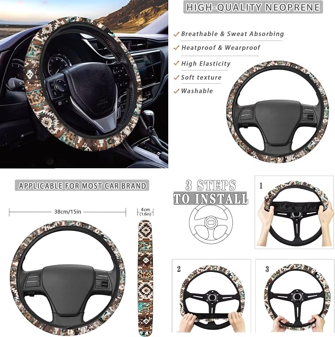 Dreaweet Aztec Brown Cow Seat Covers for Cars Full Set 12 Pcs Universal Car Accessories with Steering Wheel Cover/Armrest Cover/Seat Belt Pads/Coasters/Gear Shift Cover/Handbrake Cover,Universal Fit