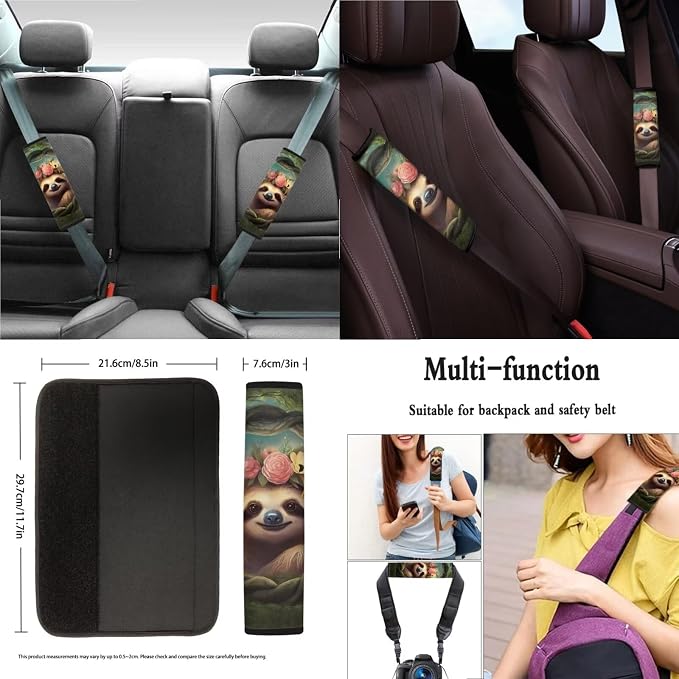 Suobstales Cute Sloth Print Car Seat Covers Full Set for Women Girly Seat Cover Protector Auto Decorative with Steering Wheel Cover +Seat Belt Covers +Coasters +Keychains