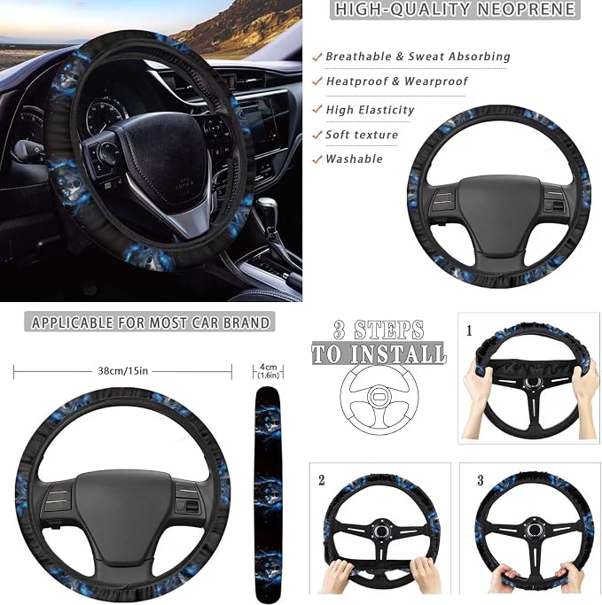 KEIAHUAN Blue Wolf Car Seat Cover Full Set for Men Includes Front and Back Seats Covers Handbrake and Gear Shift Knob Cover Car Headrest Steering Wheel Cover Cup Holder 11 Pcs