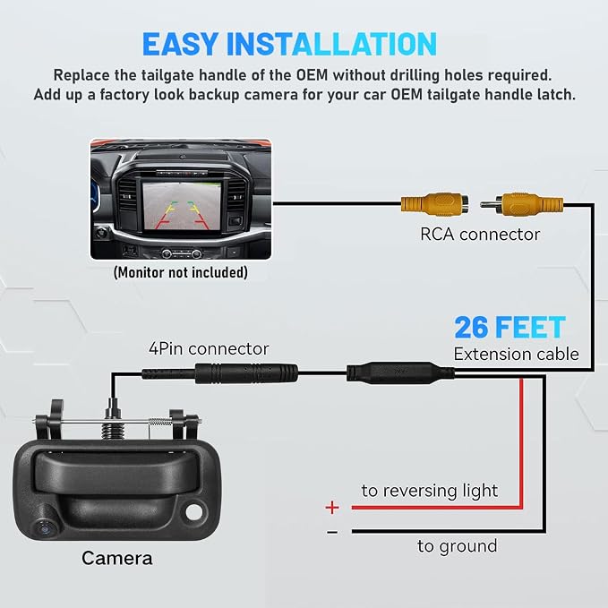 EWAY Rear Backup Camera with 10FT 4PIN Extension Cable for 2004-2016 Ford F150 F250 F350 F450 F550 Super Duty Explorer Lobo, Lincoln Mark LT Tailgate Latch Door Handle Reverse Camera RCA Connector