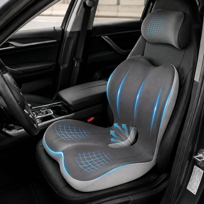 Truck Seat Cushion and Headrest Set for Long Driving - Memory Foam Car Seat Driver Cushion for Tailbone, Back & Sciatica Pain Relief, Ergonomic Lumbar Support for Semi Truck - Drak Gray