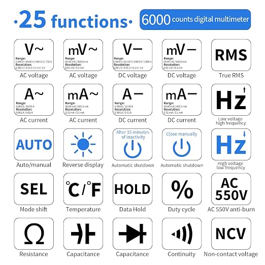 ZOYI Digital Multimeter, True RMS Auto-Ranging 6000 Counts with NCV. 750V AC, 1000V DC auto Identification, Data Hold, Resistance, Capacitance, Diode, Frequency and Temperature Measurement