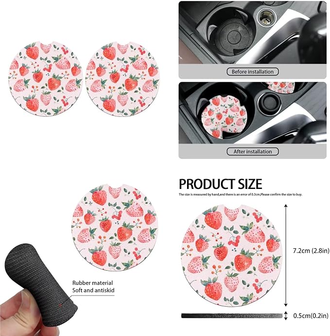 Strawberry 13 Pack Car Seat Cover Pink Strawberry Lover Seatbelt Pad Armrest Cushion Fruit Hand Drawn Strawberries Keychain Cup Holder Coaster Pads Decor Accessory