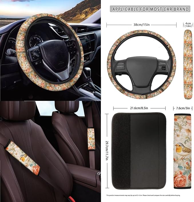 Robin Bird Peony Flower Pattern 15 Pieces Car Accessories with Car Seat Cover Steering Wheel Cushion Seat Belt Pad Keychain Cup Coasters Air Vent Bag Trash Can and Mirror Cover
