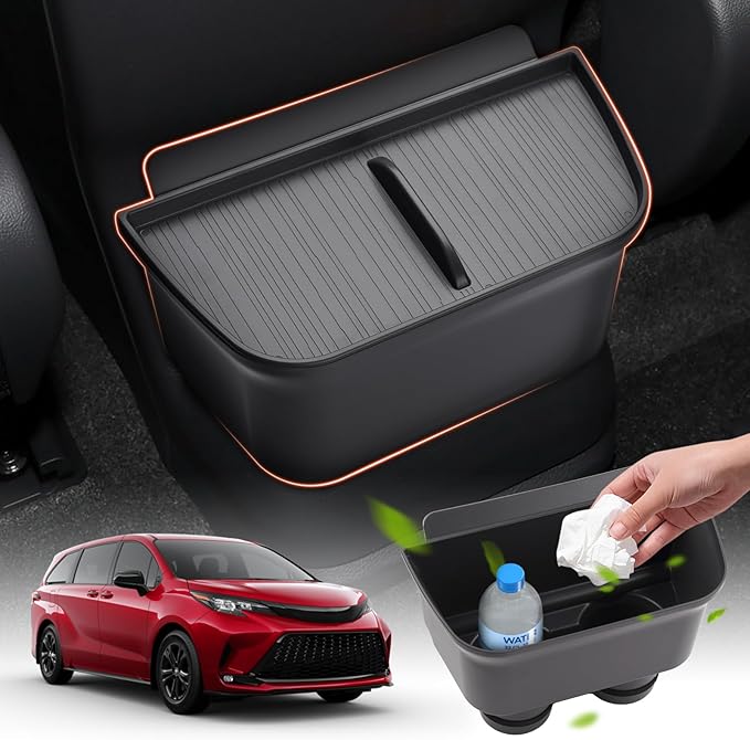 Sunsdrew 2021-2025 Toyota Sienna Trash Can, Waterproof Car Trash Bin with Lid & Cup Holder Organizer, 2-in-1 Garbage Can Storage for Toyota Sienna L LE SE XLE Limited Woodland Accessories