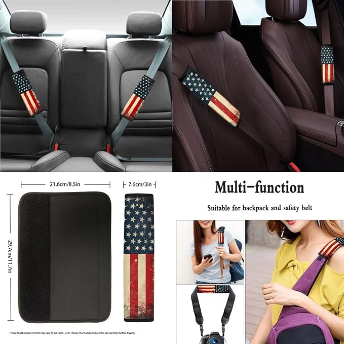 Xoenoiee 4th of July Patriotic 11 Pieces Car Seat Covers Interior Accessories Set Universal Fit with Steering Wheel Cover, Seat Belt Pads, Keychain, Cup Coasters, American Flag Pattern