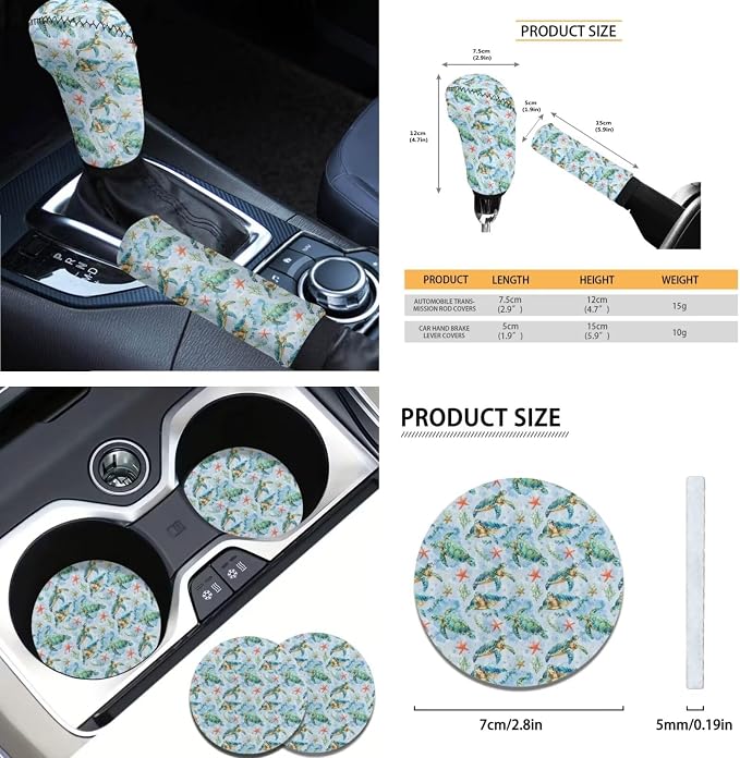 AFPANQZ Cratoon Sea Turtle Auto Interior Accessories Set of 11 Auto Front Seat Covers Steering Wheel Cover Gear Shift Knob Cover, Car Handbrake Sleeve, Seat Belt Shoulder Pads Cup Holder Coaster