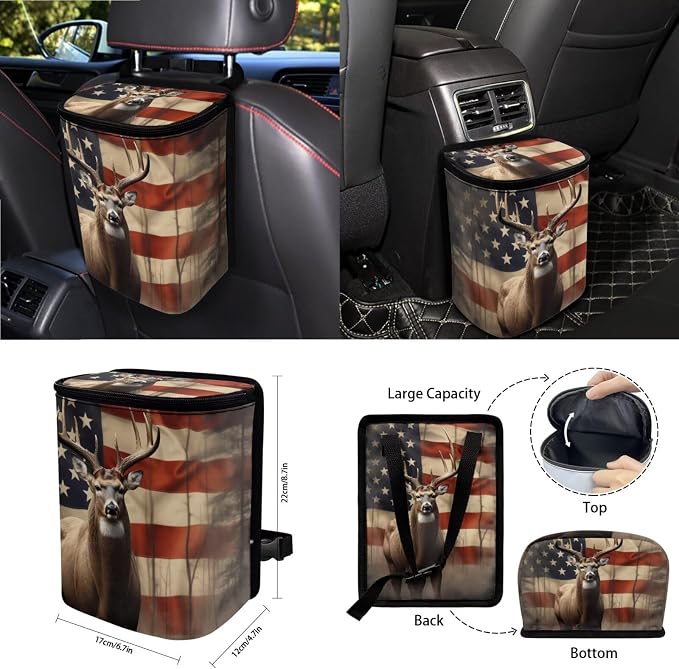 American Flag Deer Print Car Seat Cover Full Set 15 Pcs with Steering Wheel Cover Seat Belt Pads Cup Coasters Trash Bag Air Vent Case Rearview Mirror Cover Keychain Auto Accessories