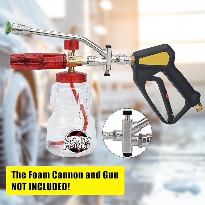 BEAR FORCE Pressure Washer Brass Foam & Foam Cannon Dual-Connector Accessory with 1/4” Quick Connector & 1.25mm & 1.10mm Orifice Nozzle, 360° Adjustable Thicker Snow Foam with 32 oz Soap Car Wash