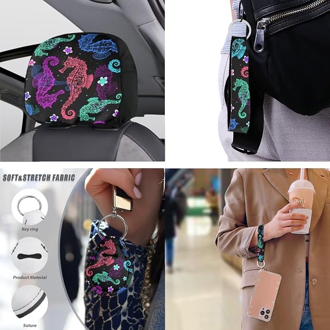 Tribal Sea Horse Car Interior Accessories Set of 13, Colorful Seahorse Front Rear Seat Breathable Car Seat Cover, Ethnic Ocean Creature Seat Belt Cover Keychain