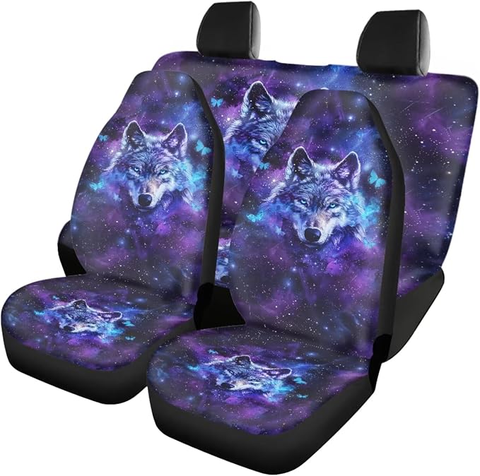 18 Pcs Wolf Butterfly Print Car Accessories Set Car Seat Covers Auto Steering Wheel Cover Floor Mats Seat Belt Pads Armrest Pad Covers Roof Handle Wraps Cup Coaster Keychain