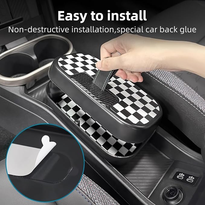 FDAIUN Center Console Storage Box + Leather Mat for 2024-2025 BMW Mini Cooper F65 F66 Car Storage Accessories 2Pcs (Checker)