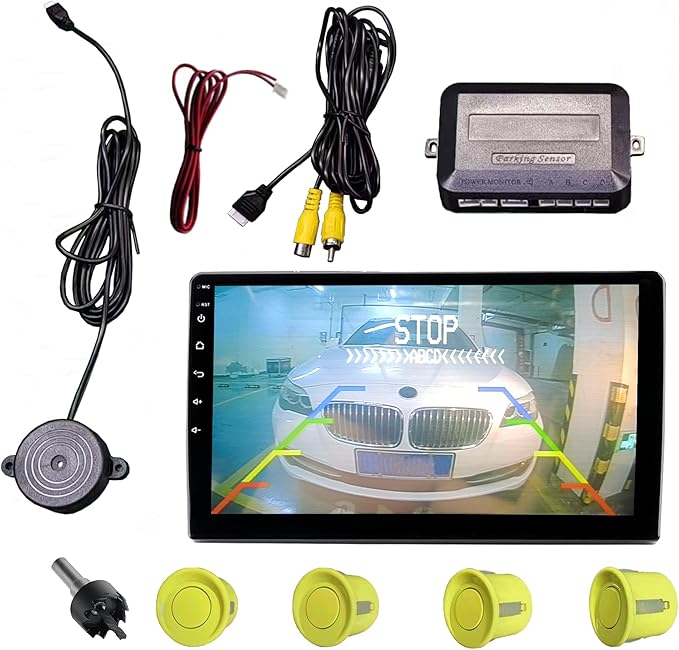 LCD Parking Sensor Kit - Displays Data on Original Screen, Easy Rear Installation, Compatible with CVBS Cameras (Not for AHD), 18 Probe Colors to Match Any Vehicle LightYellow