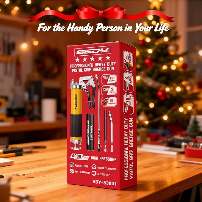 Heavy Duty Grease Gun Kit - 14oz Free Grease Tube 8000 PSI Pistol High Pressure Flexible Hose Bearing Grease Pump Marine Durable Connectors Adapters Extension Tubes Nozzle Easy Operation