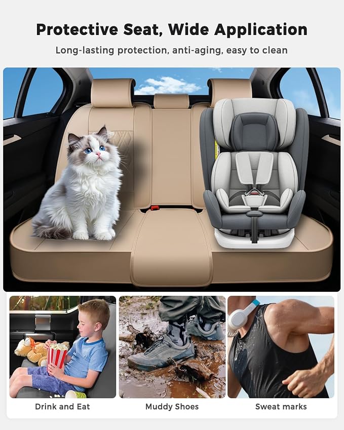 Huidasource Car Seat Covers Full Set, Leather Seat Cover Universal Fit for Most Cars Sedans SUVs Trucks, Airbag Compatible, Cup Holder Access, Easy Install, Wipes Clean, Wear-Resistant, Beige