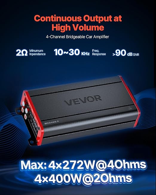 VEVOR 4 Channel Car Audio Amplifier 2 Ohm Stable Bridgeable Class D Full Range Amp Max Power 4 x 272W @ 4 Ohm / 4 x 400W @ 2 Ohm for Car SUV Truck Off-Road