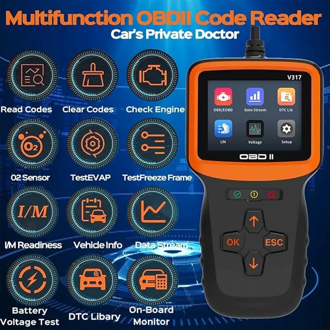Outzone V317 OBD2 Scanner with 2.8" Color Screen, 8 Language Car Code Reader for All Gasoline Cars Since 1996, Read & Clear Check Engine Light, Supports I/M Readiness & Mode 8 Test
