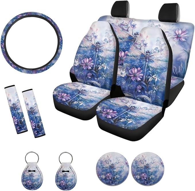 Xoenoiee Dragonfly Beautiful Flowers Print 11 Pieces Car Seat Covers Interior Accessories Set Universal Fit with Steering Wheel Cover, Seat Belt Pads, Keychain, Cup Coasters