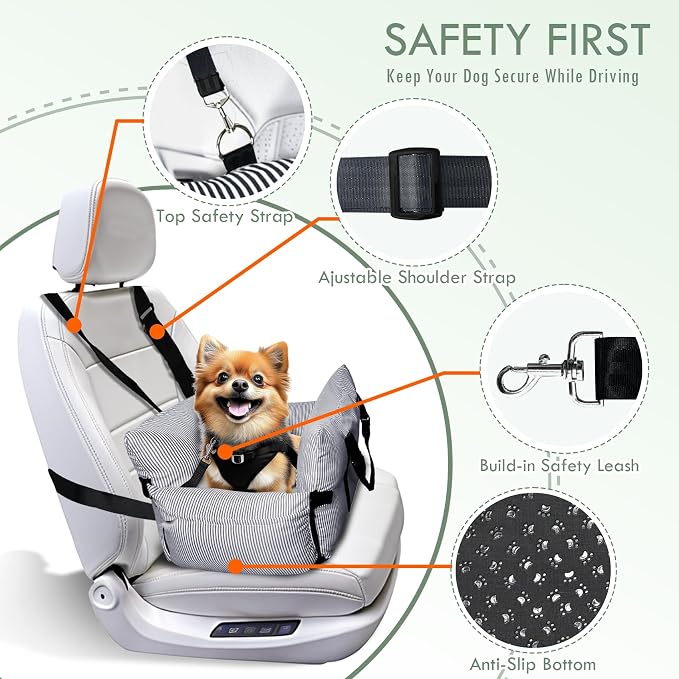 Dog Car Seats for Small Dogs, Small Dog Bed Under 15 lbs, Puppy Car Seat for Travel, Elevated Pet Seat with Safety Belt, Non-Slip Base, and Storage Pockets (Navy)