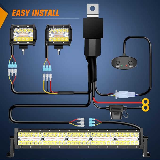 Nilight 22Inch 480W LED Light Bar 2PCS 4Inch 60W Light Pods Amber White Strobe 6 Modes Memory Function Reset Function Off Road Truck with 16AWG Wiring Harness Kit-3 Leads