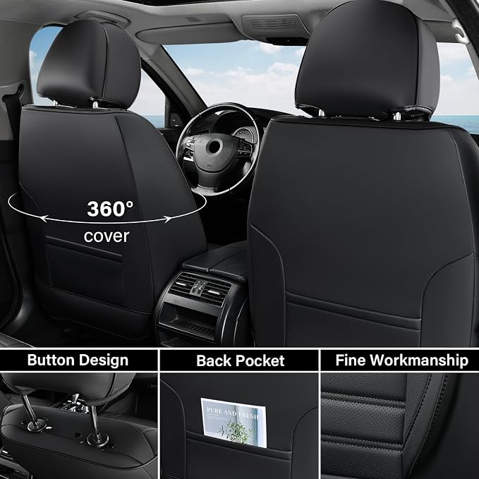 Coverado Seat Covers, Car Seat Covers Front Seats, Automotive Seat Covers, Waterproof Nappa Leather Car Seat Cover, Car Seat Cushion, Black Seat Covers Carseat Cover Universal Fit for Most Cars