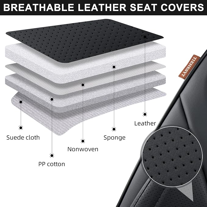 TIEHESYT Black Car Seat Covers Full Set, Breathable Leather Automotive Front and Rear Seat Covers & Headrest for Comfortable Driving, Universal Auto Interior Fit for Most Kinds of Vehicles, Cars
