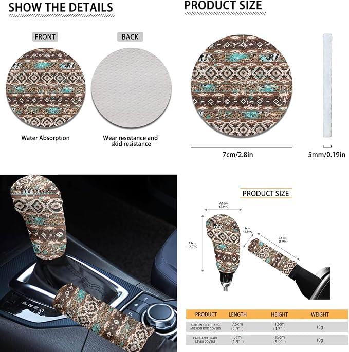 Dreaweet Aztec Brown Cow Seat Covers for Cars Full Set 12 Pcs Universal Car Accessories with Steering Wheel Cover/Armrest Cover/Seat Belt Pads/Coasters/Gear Shift Cover/Handbrake Cover,Universal Fit