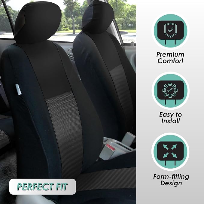 FH Group Car Seat Covers Trendy Elegance 3D Air Mesh Car Accessories, Airbag Compatible and Split Ready Black Three Row Set 8 Headrest Covers Universal Fit Interior Accessories for Cars Trucks SUV