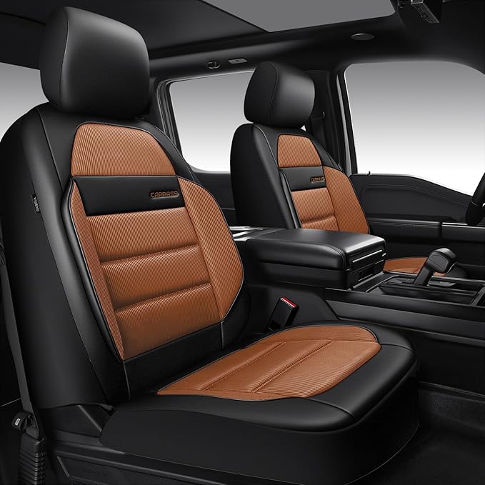 CAR PASS Memory Foam Seat Covers Front, Airy Cool Mesh Thick Car Seat Covers, Leather Car Seat Covers Front Seats Airbag Compatible, Universal Automotive Comfort for Most Cars, Trucks, SUV, Brown
